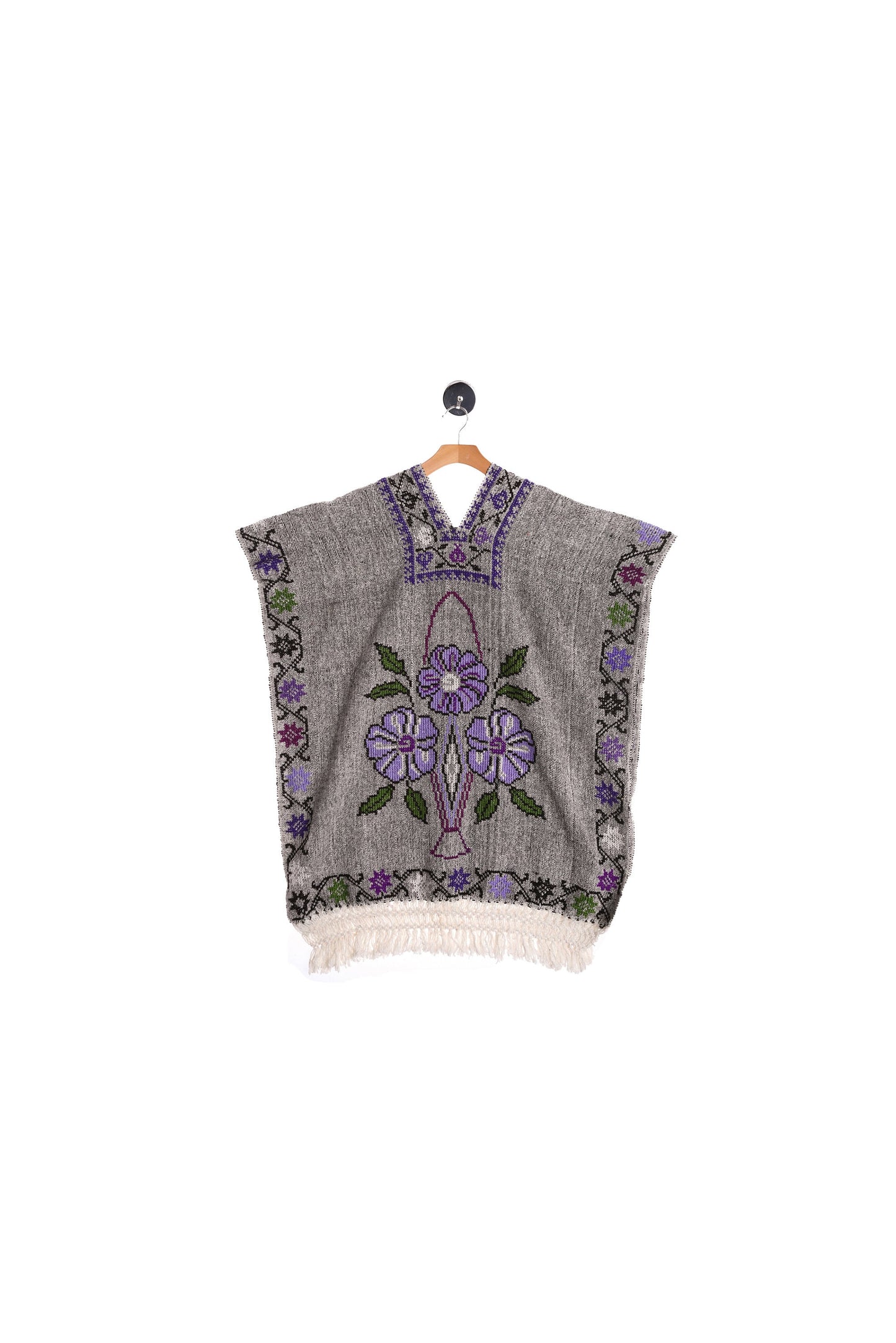 Women Flower Embroidered Gray Poncho - Purple Flower Embroidery Designs - Seam White Fringes
