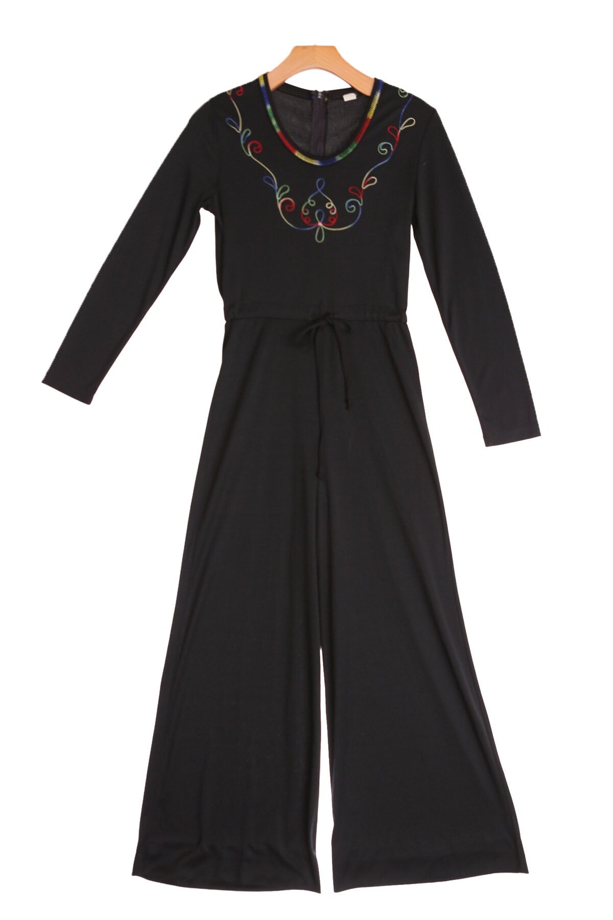 70's Black Polyester Jumpsuit with Embroidered Collar