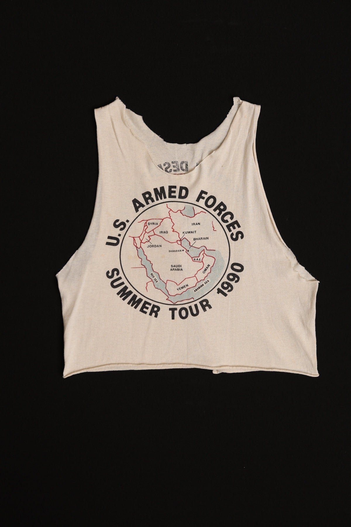 US Armed Forces Summer Tour 1990 Graphic Crop Top - Operation Desert Storm Rock-N-Roll to Go - "Take out or Delivery"