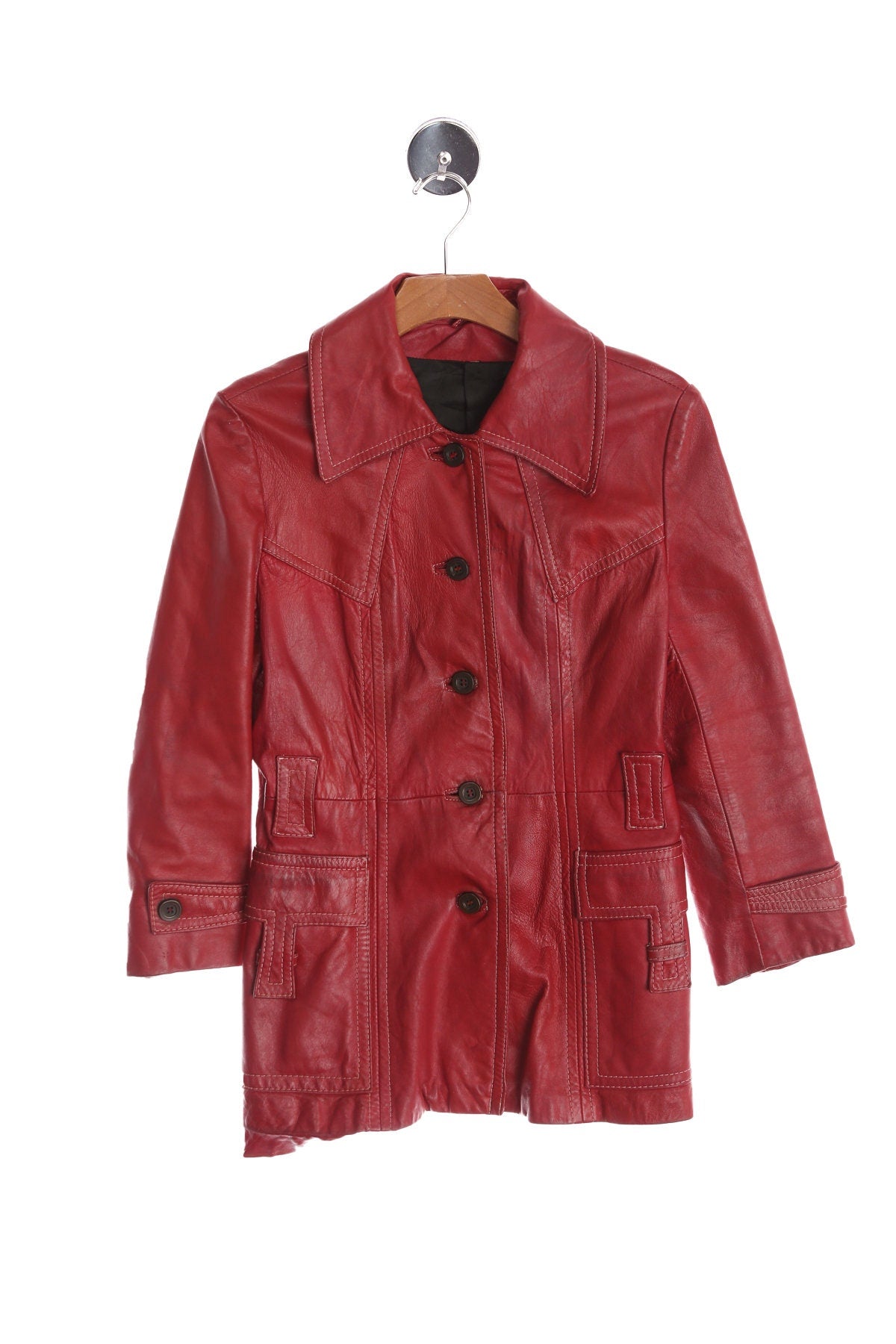 Vintage Women Red Leather Coat - 70's Style