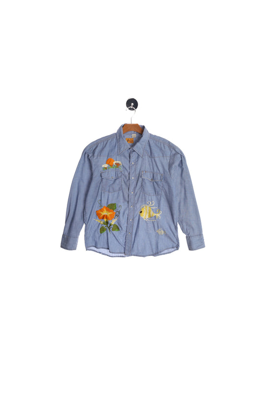 70's Men Western Shirt - Tiger Embroidery - Hippie - Florwer Embroidery