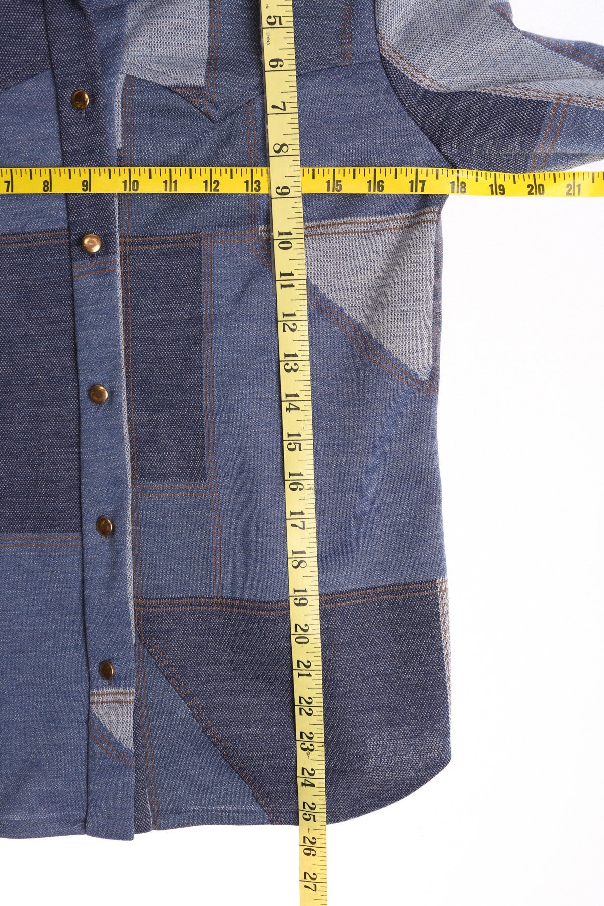 70's Blue Patchwork Print Poly Top