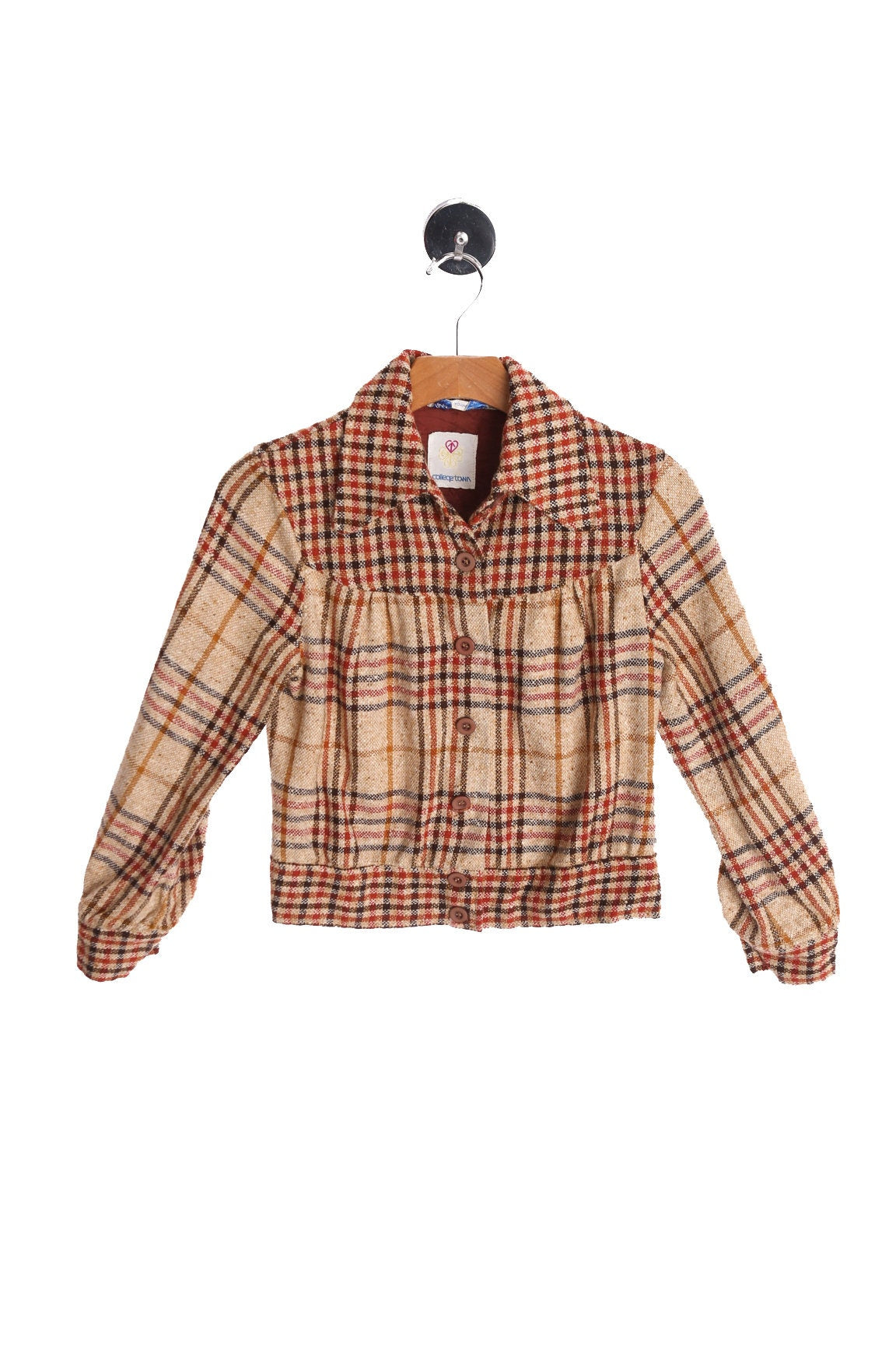 Women 70's Beige Plaid Top