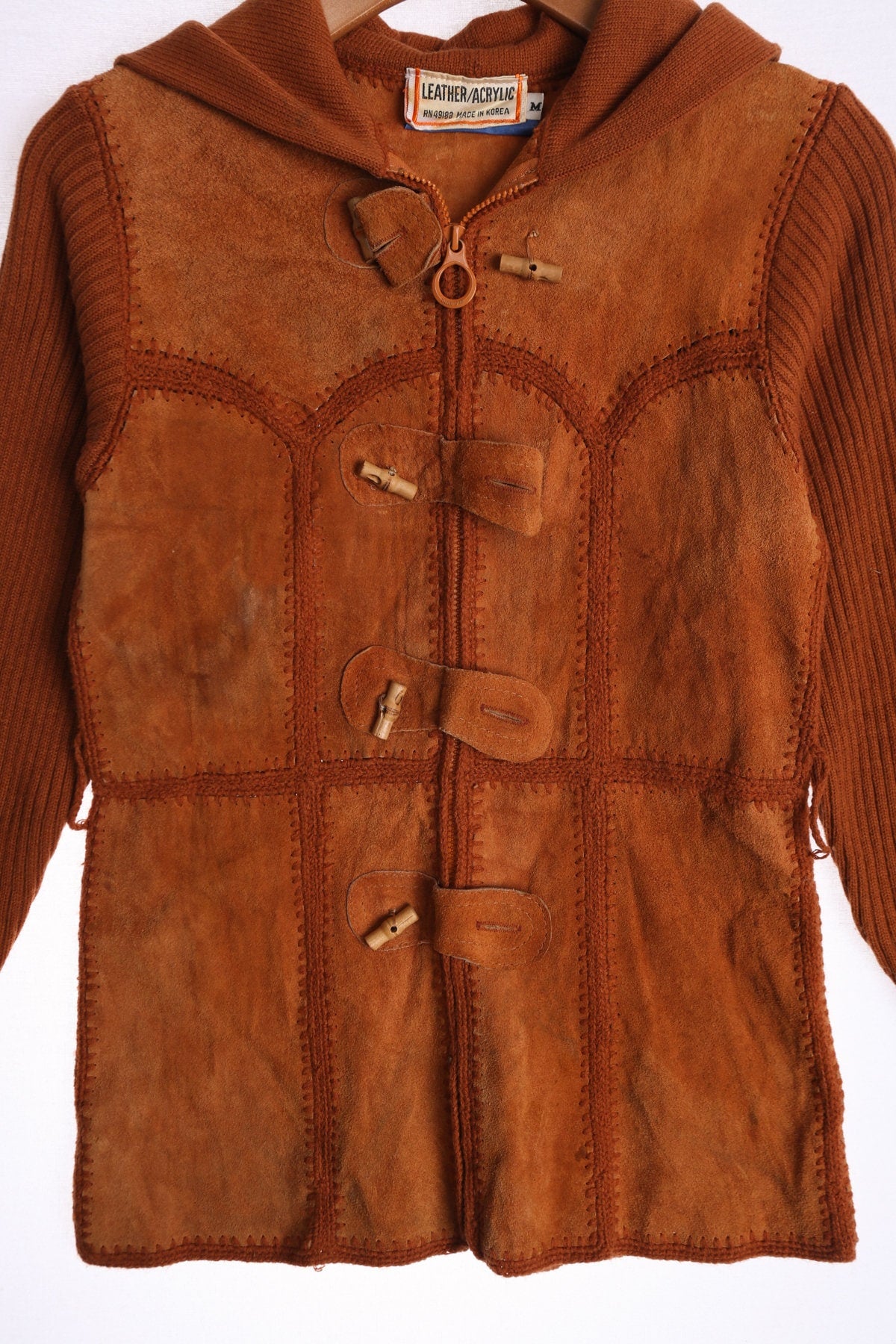 70's Women Brown Suede Patchwork Sweater Jacket
