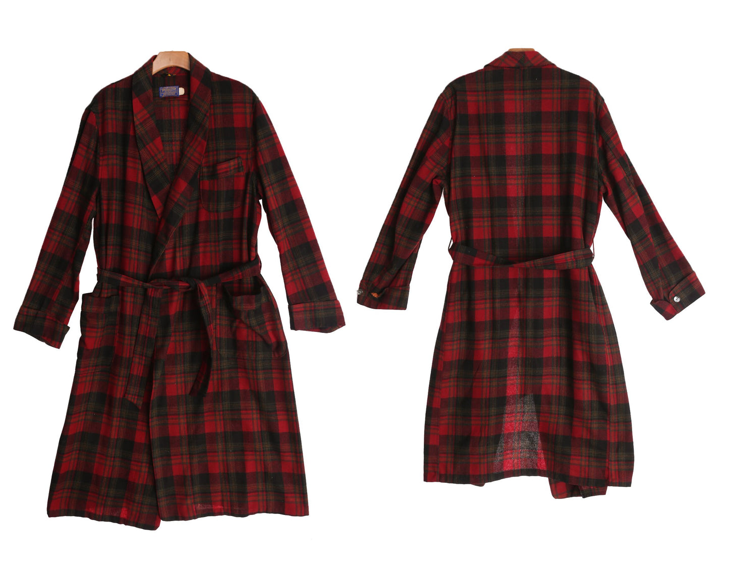 Vintage Pendleton Men's Robe - Black and Green Plaid Pattern