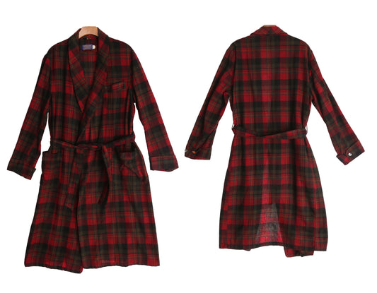 Vintage Pendleton Men's Robe - Black and Green Plaid Pattern