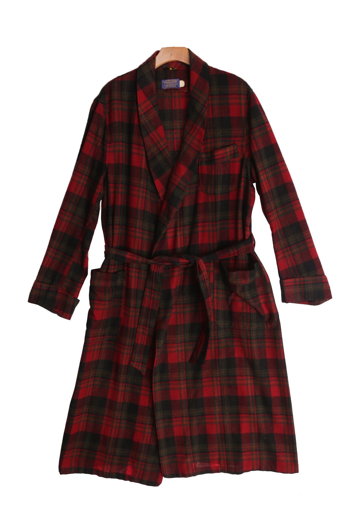 Vintage Pendleton Men's Robe - Black and Green Plaid Pattern