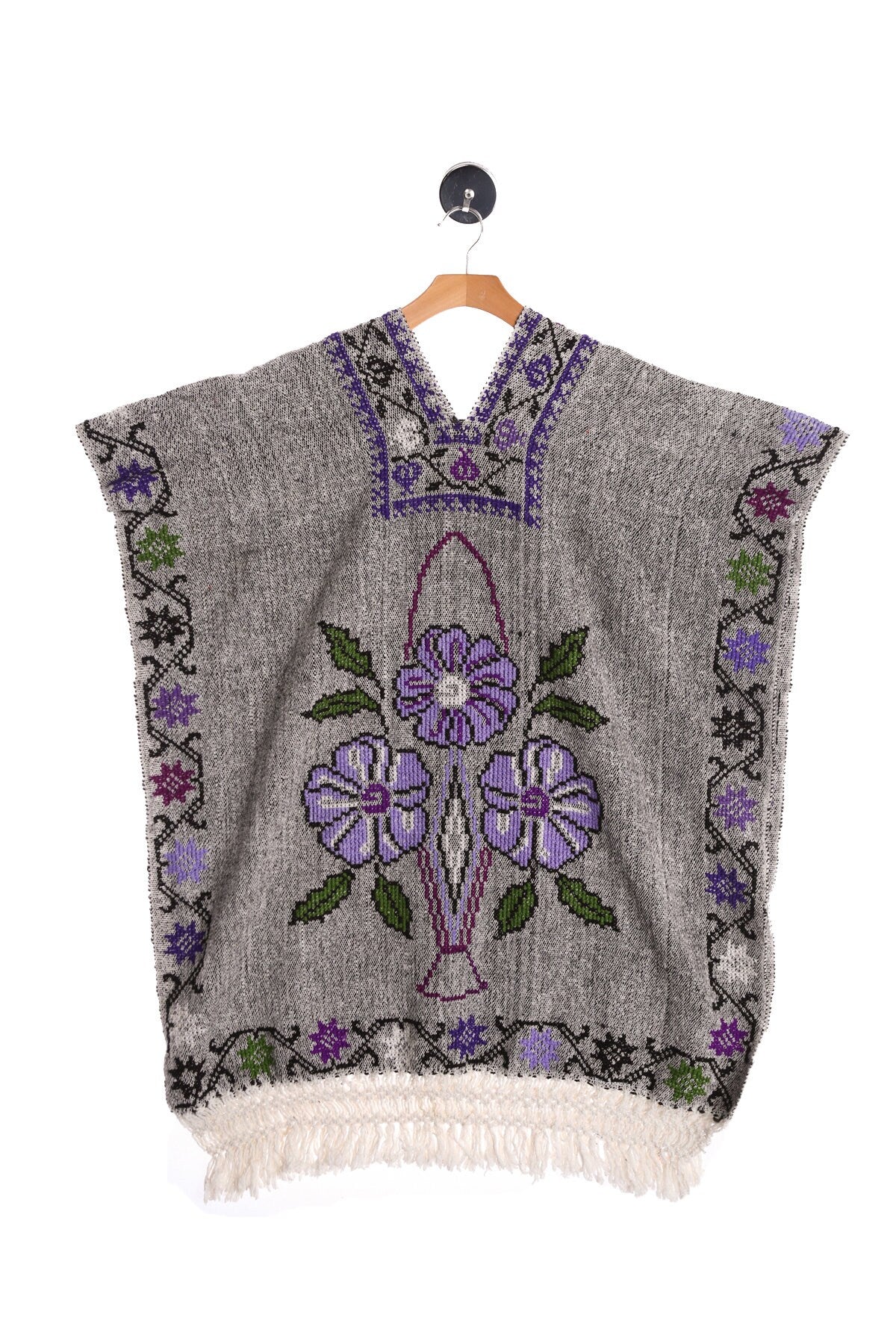 Women Flower Embroidered Gray Poncho - Purple Flower Embroidery Designs - Seam White Fringes