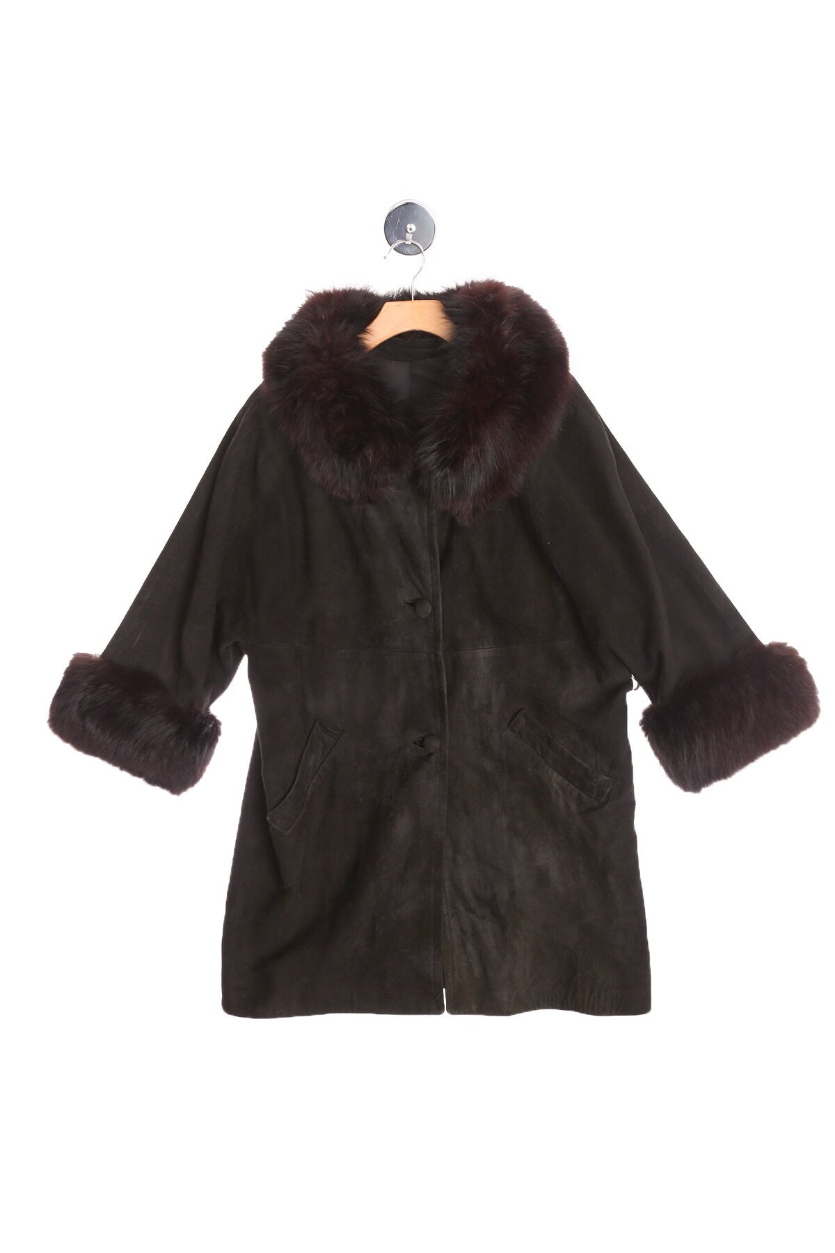Women Suede Black Winter Coat with Fur Collar