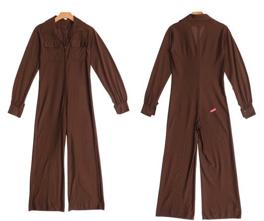 70's Women Brown Polyester Jumpsuit