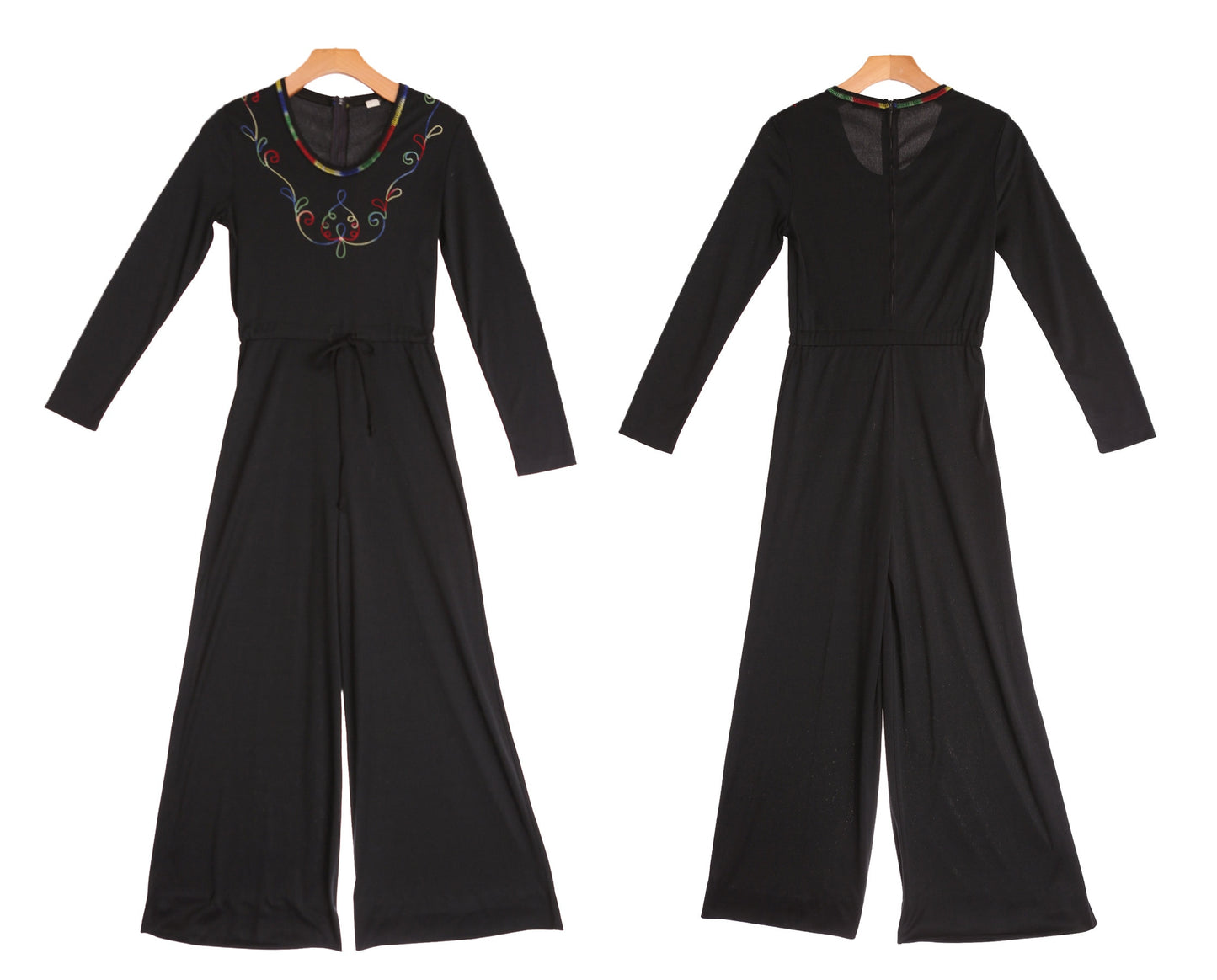 70's Black Polyester Jumpsuit with Embroidered Collar