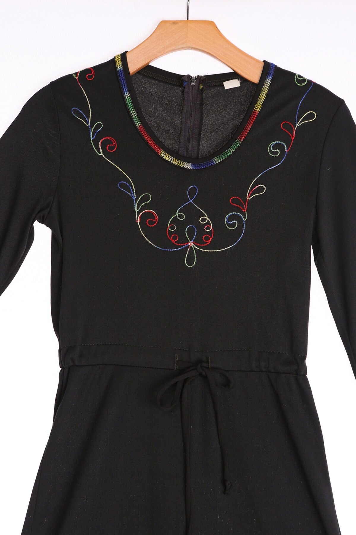 70's Black Polyester Jumpsuit with Embroidered Collar