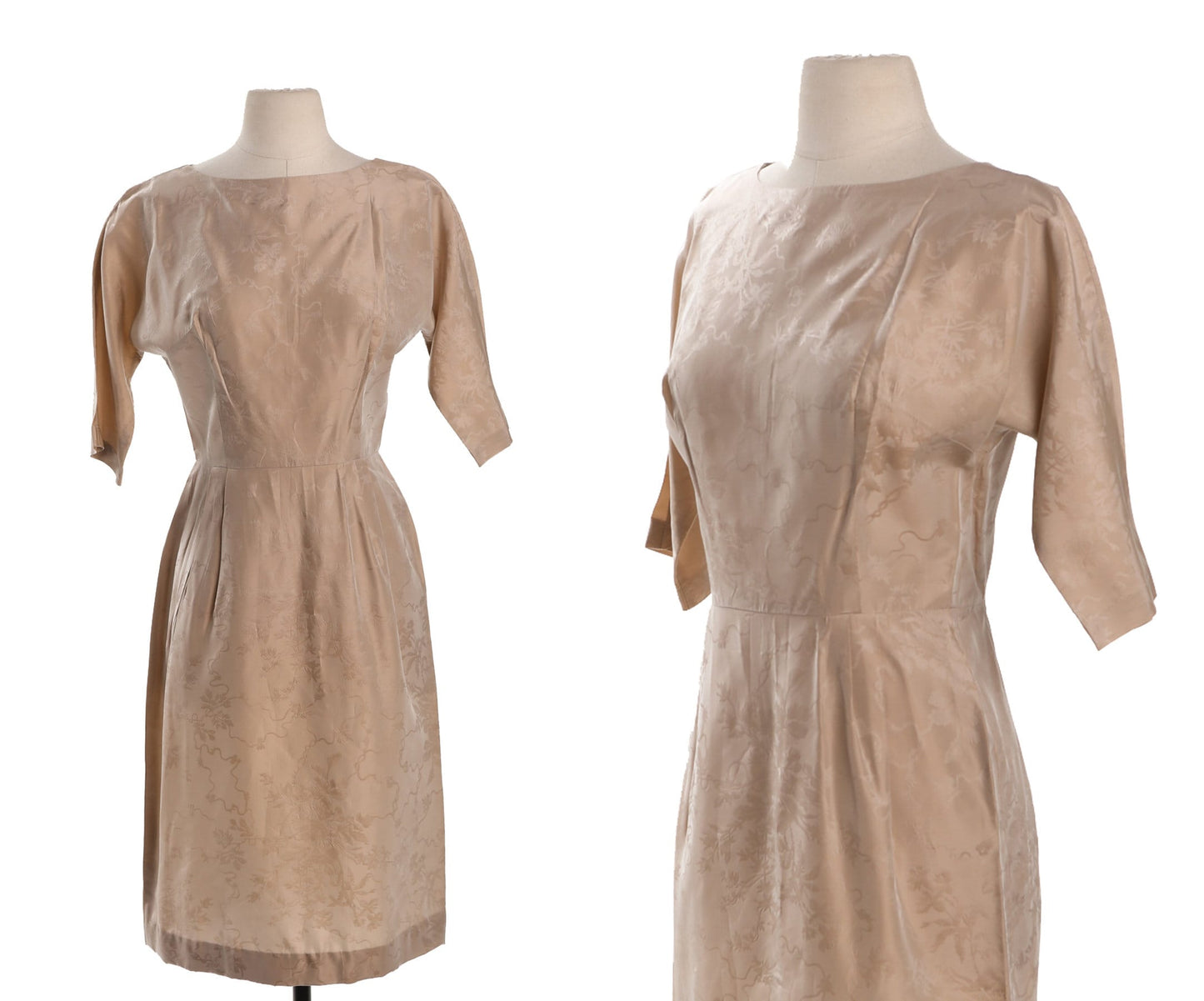 Vintage Women Evening Dress - Beige Brocade Floral Fabric - Era 50's - 60's