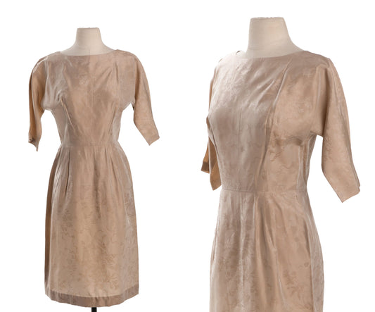 Vintage Women Evening Dress - Beige Brocade Floral Fabric - Era 50's - 60's