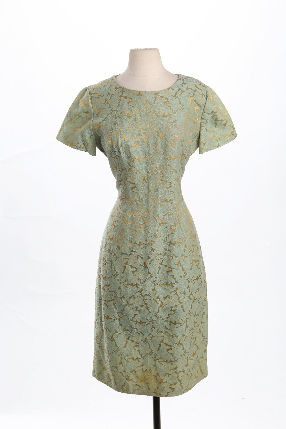 Vintage Women Evening Dress - Golden and Green Brocade Fabric - Era 50's - 60's