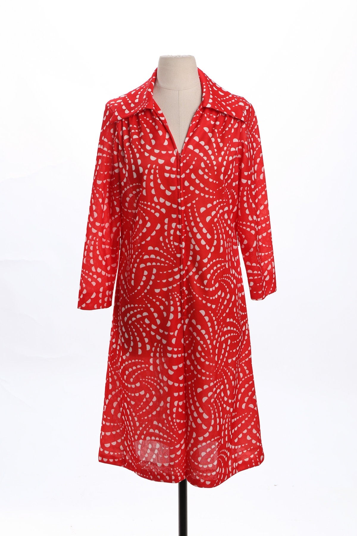 70'd Red Poly Front Zipper Closure Dress
