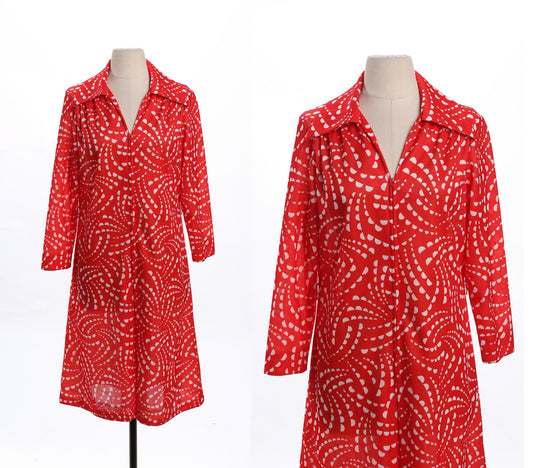 70'd Red Poly Front Zipper Closure Dress