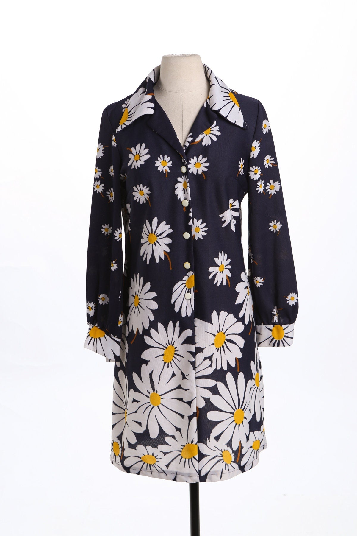 70's White Floral Print Blue Poly Dress - Mod - Collared