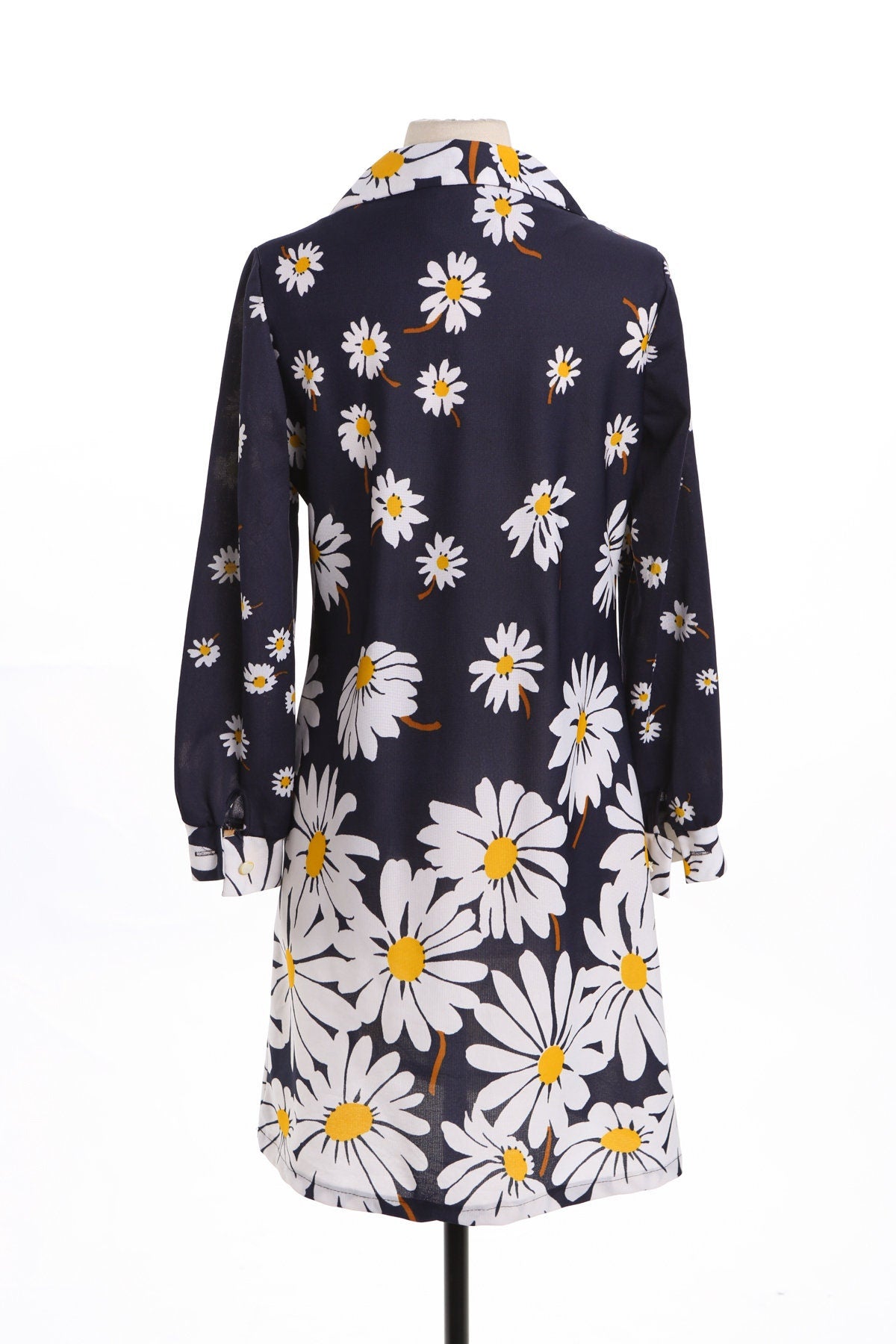 70's White Floral Print Blue Poly Dress - Mod - Collared