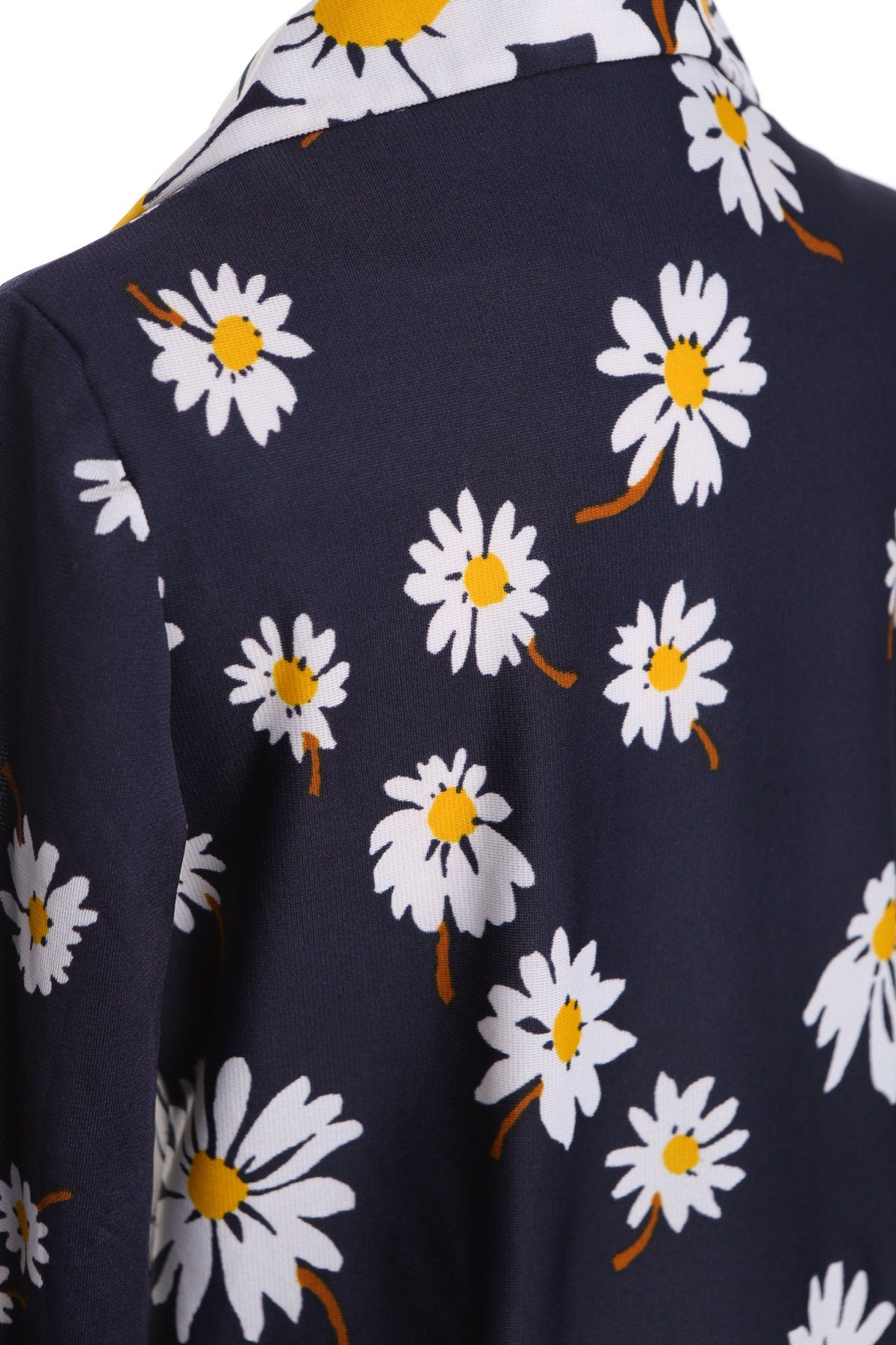 70's White Floral Print Blue Poly Dress - Mod - Collared