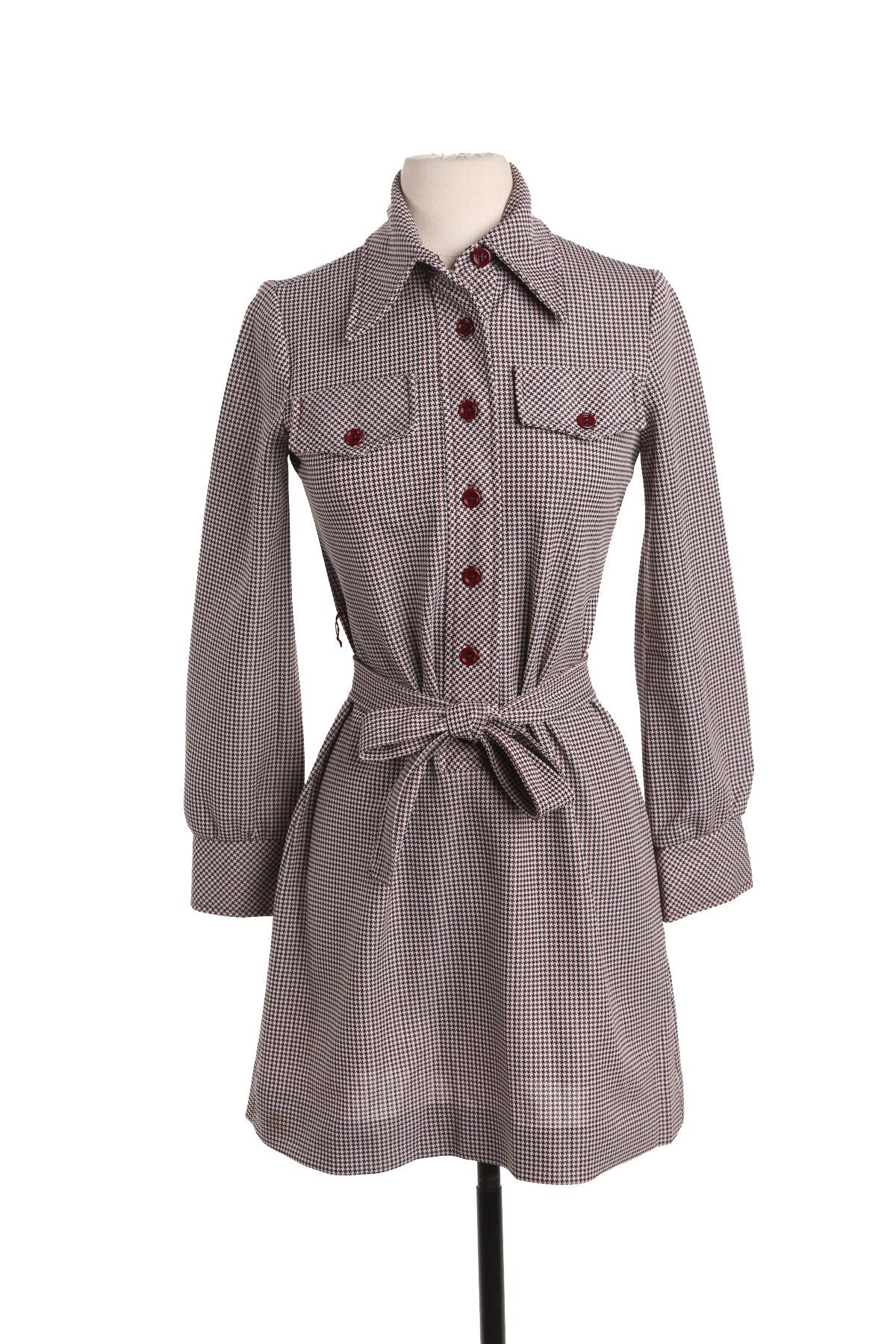 70's Women Brown Plaid Mod Long Sleeve Dress with Waist Belt