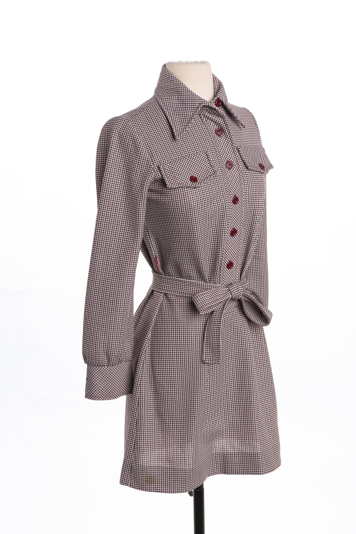 70's Women Brown Plaid Mod Long Sleeve Dress with Waist Belt