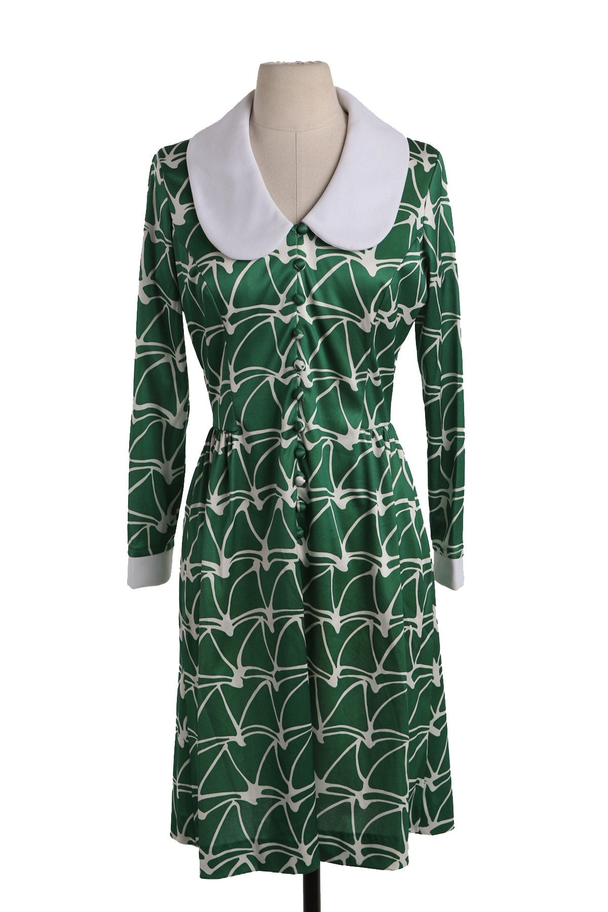 70's Green Button Down Poly Summer Dress