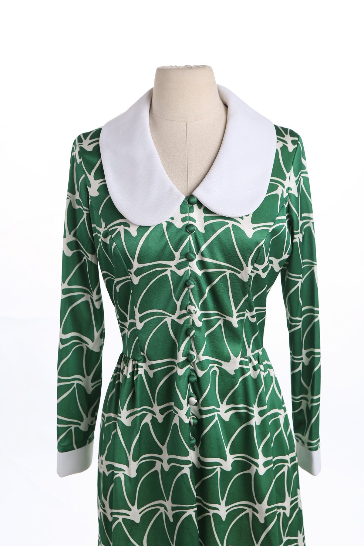 70's Green Button Down Poly Summer Dress
