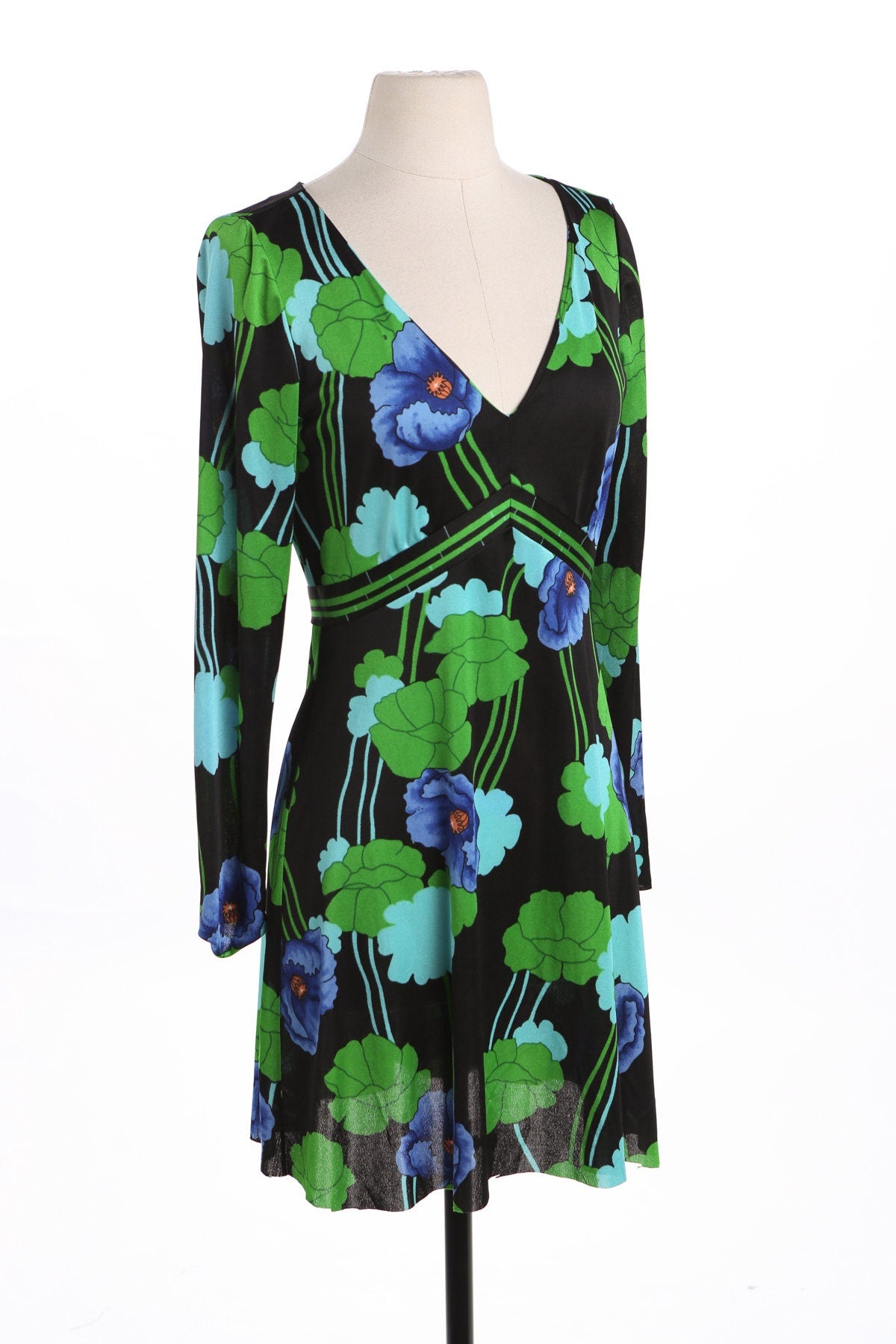 70's Women Floral Print Black Summer Dress