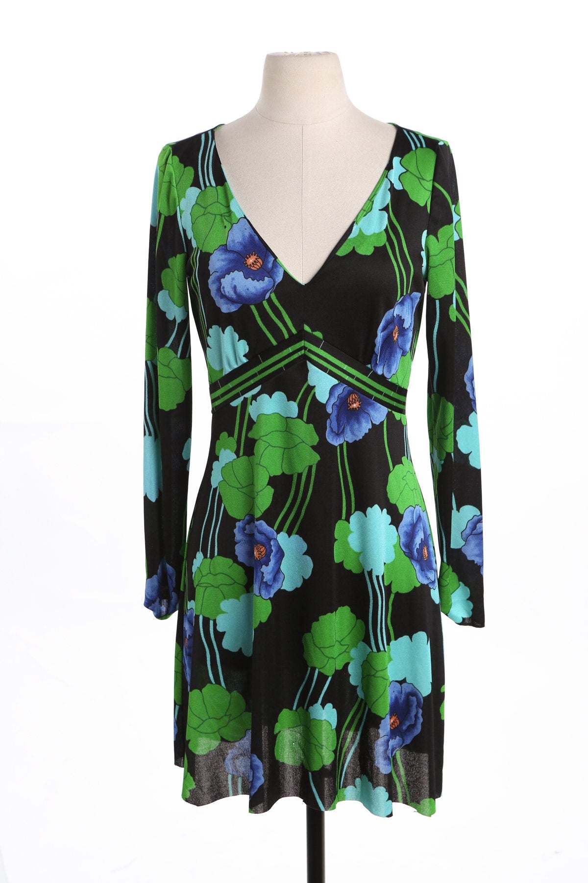 70's Women Floral Print Black Summer Dress