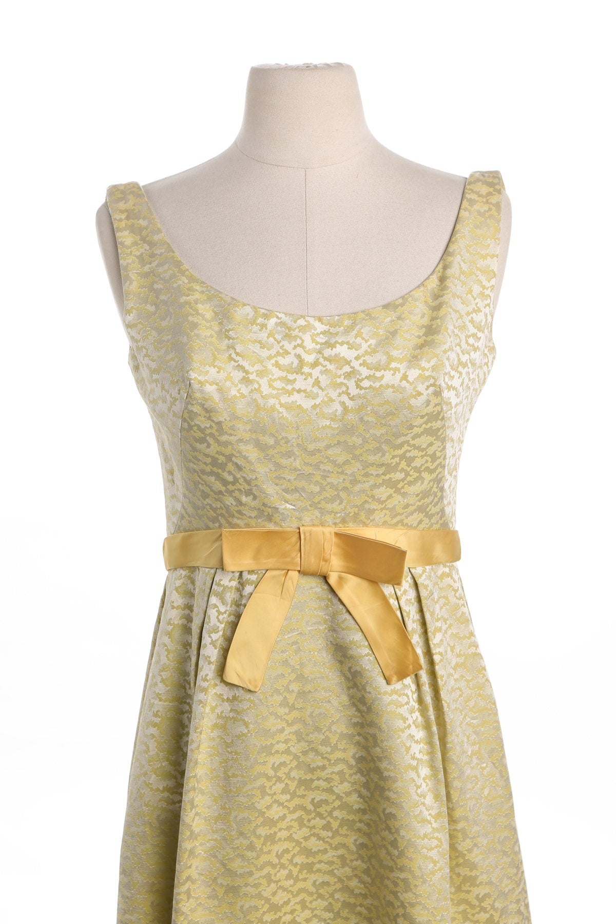 Vintage Women Yellow Brocade Evening Dress - Era 50's - 60's - Front Bow Details