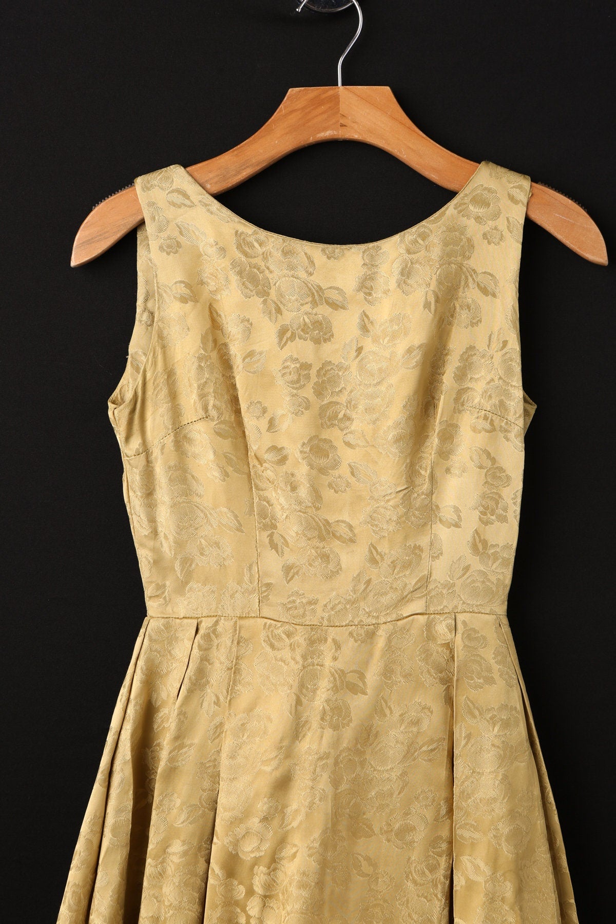 Vintage Gold Brocade Floral Print Evening Dress - Era 50's - 60's