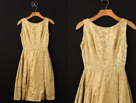 Vintage Gold Brocade Floral Print Evening Dress - Era 50's - 60's
