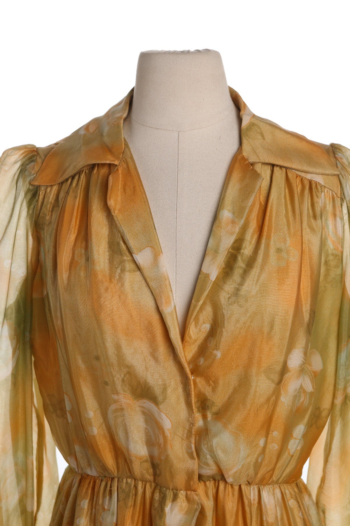 70's Floral Print Sheer Yellow Casual Dress