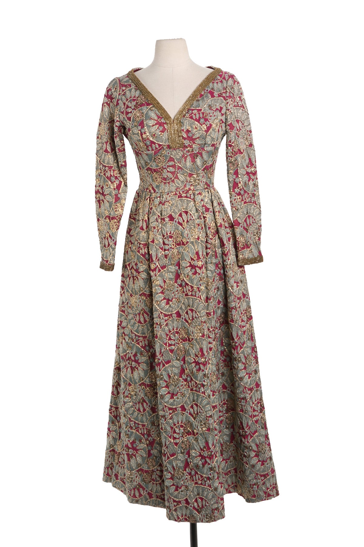Vintage Women Golden Embroidery Green Medieval Style Long Sleeve Dress