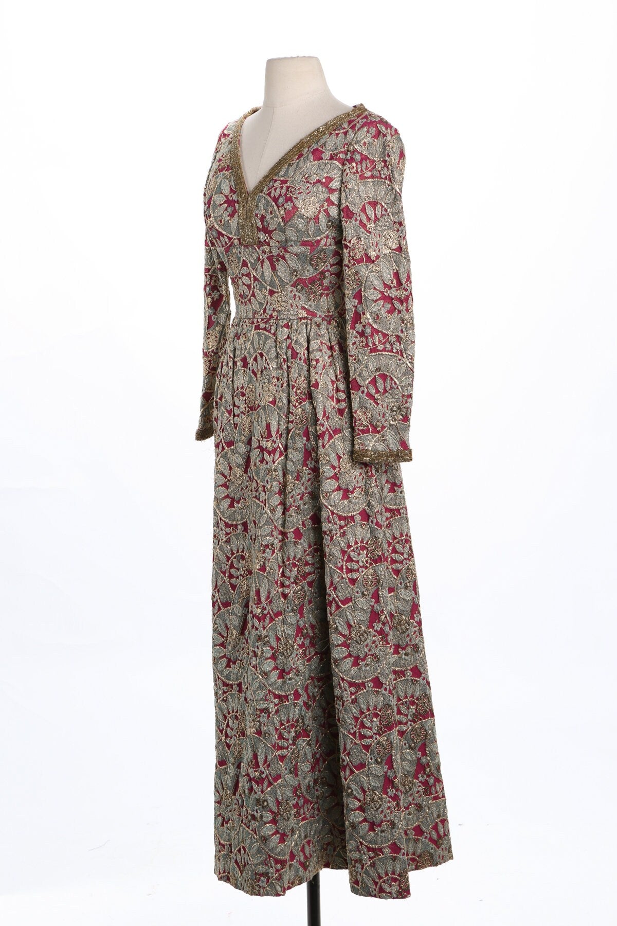 Vintage Women Golden Embroidery Green Medieval Style Long Sleeve Dress