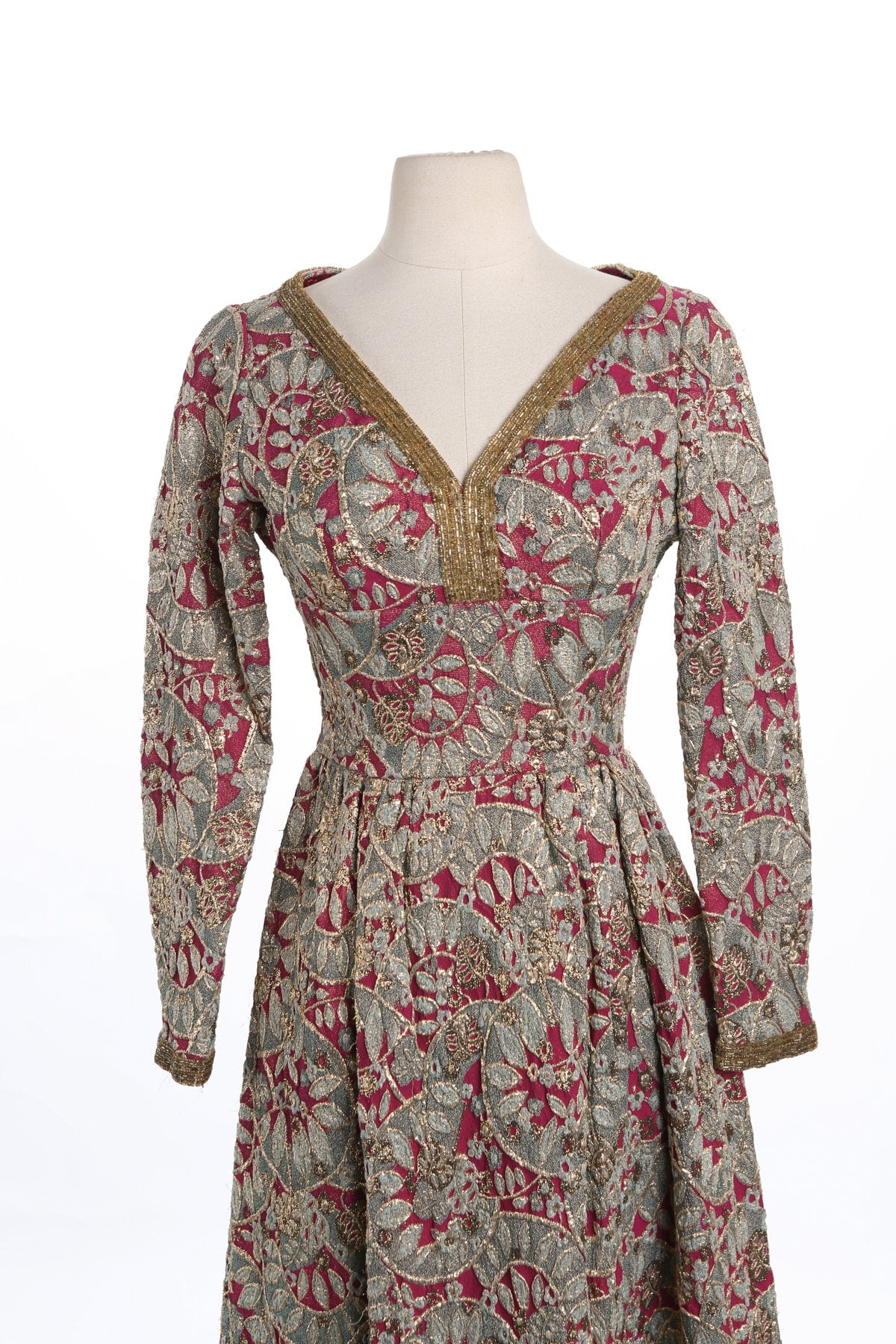 Vintage Women Golden Embroidery Green Medieval Style Long Sleeve Dress