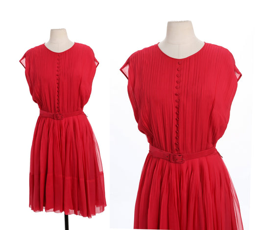 Vintage Red Pleated Casual Evening Dress