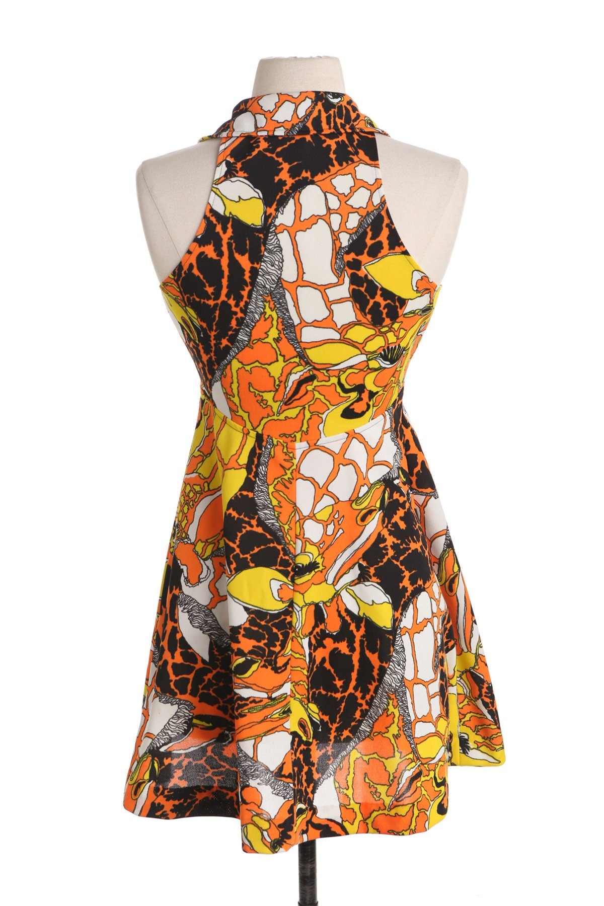 70's Women Summer Poly Dress - Abstract Yellow and Orange Print
