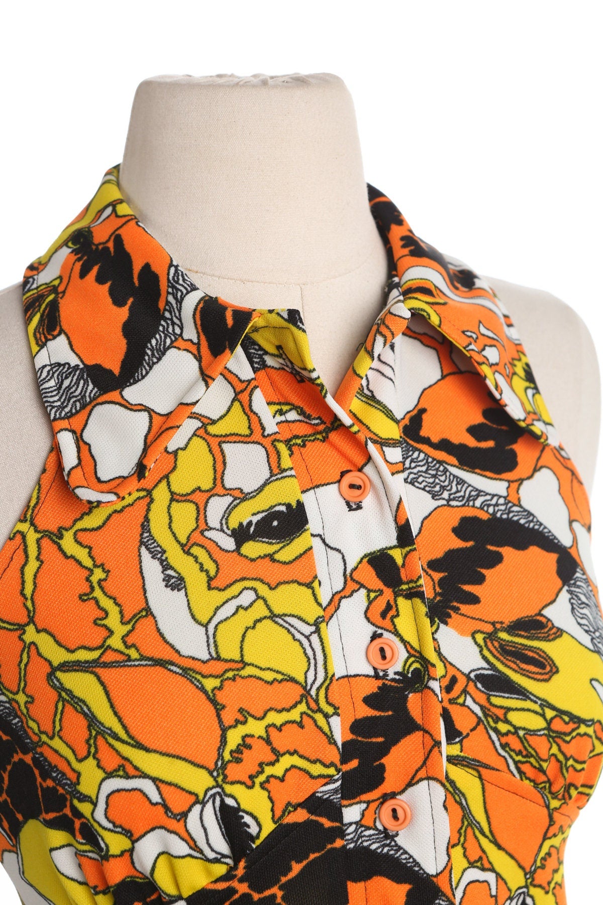 70's Women Summer Poly Dress - Abstract Yellow and Orange Print