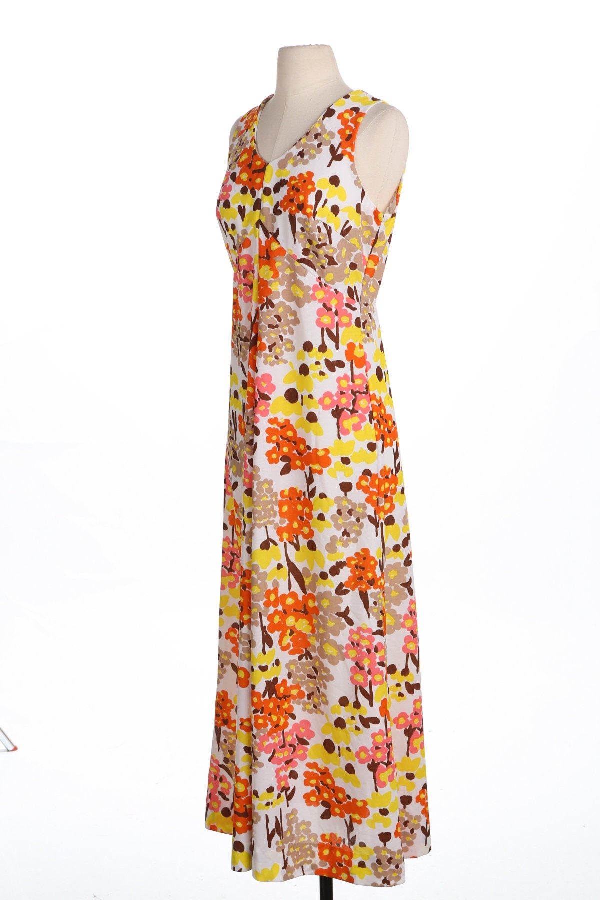 70's Long Floral Print White Summer Poly Dress