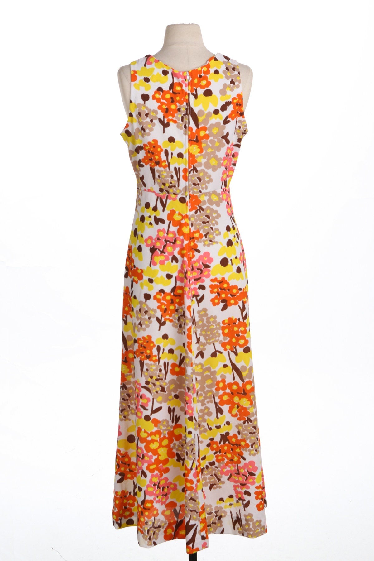 70's Long Floral Print White Summer Poly Dress