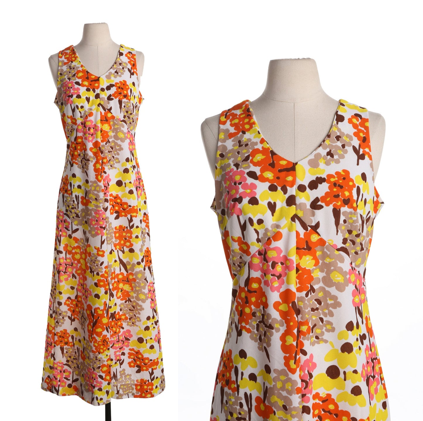 70's Long Floral Print White Summer Poly Dress