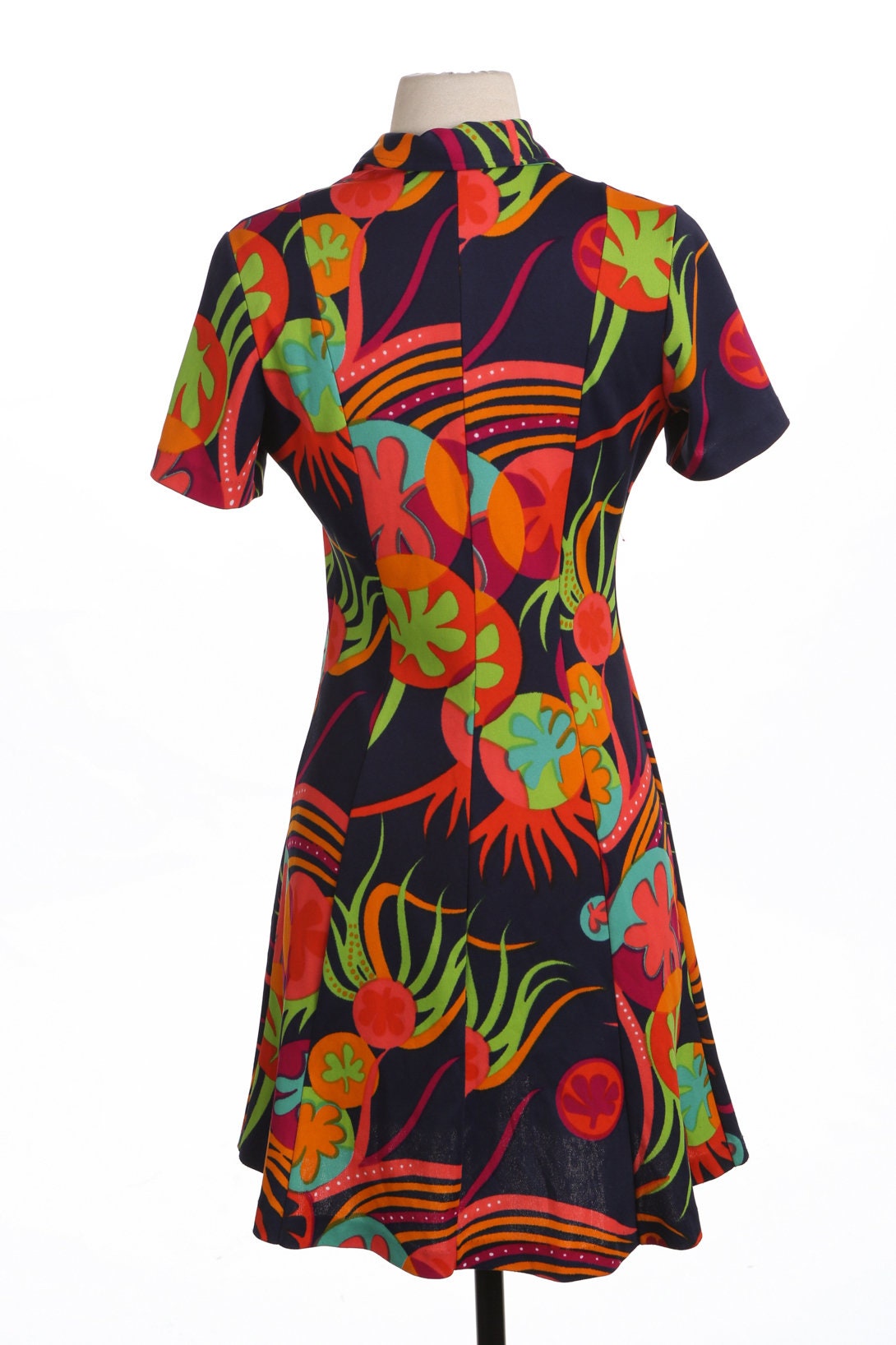 70's Women Floral Print Blue Mod Slip Dress