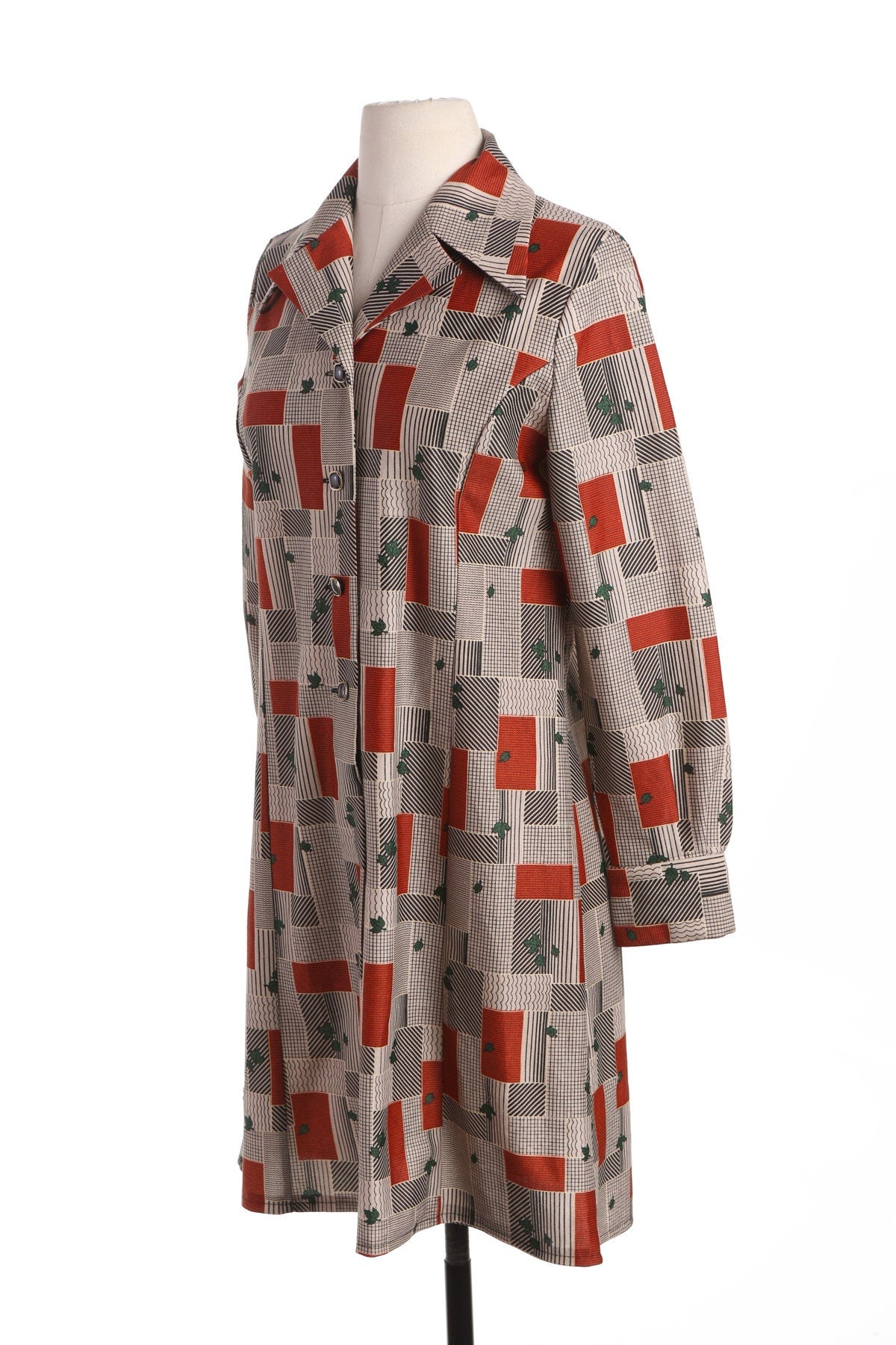 70's Long Sleeve Poly Dress - Geometric Brown Print
