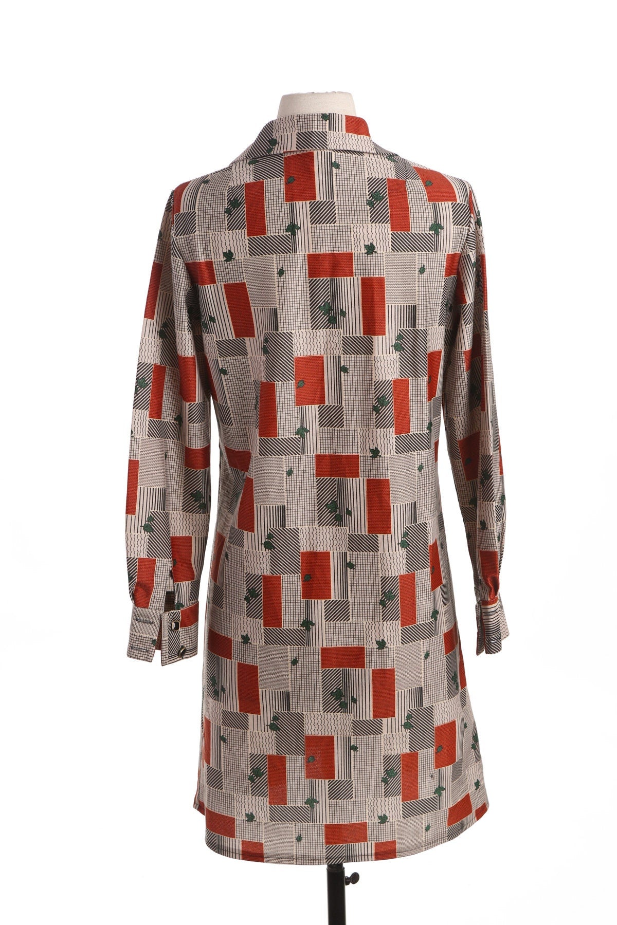 70's Long Sleeve Poly Dress - Geometric Brown Print