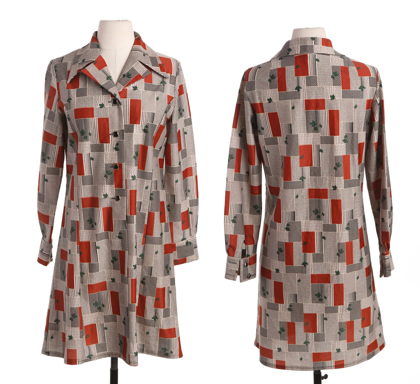 70's Long Sleeve Poly Dress - Geometric Brown Print