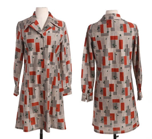 70's Long Sleeve Poly Dress - Geometric Brown Print