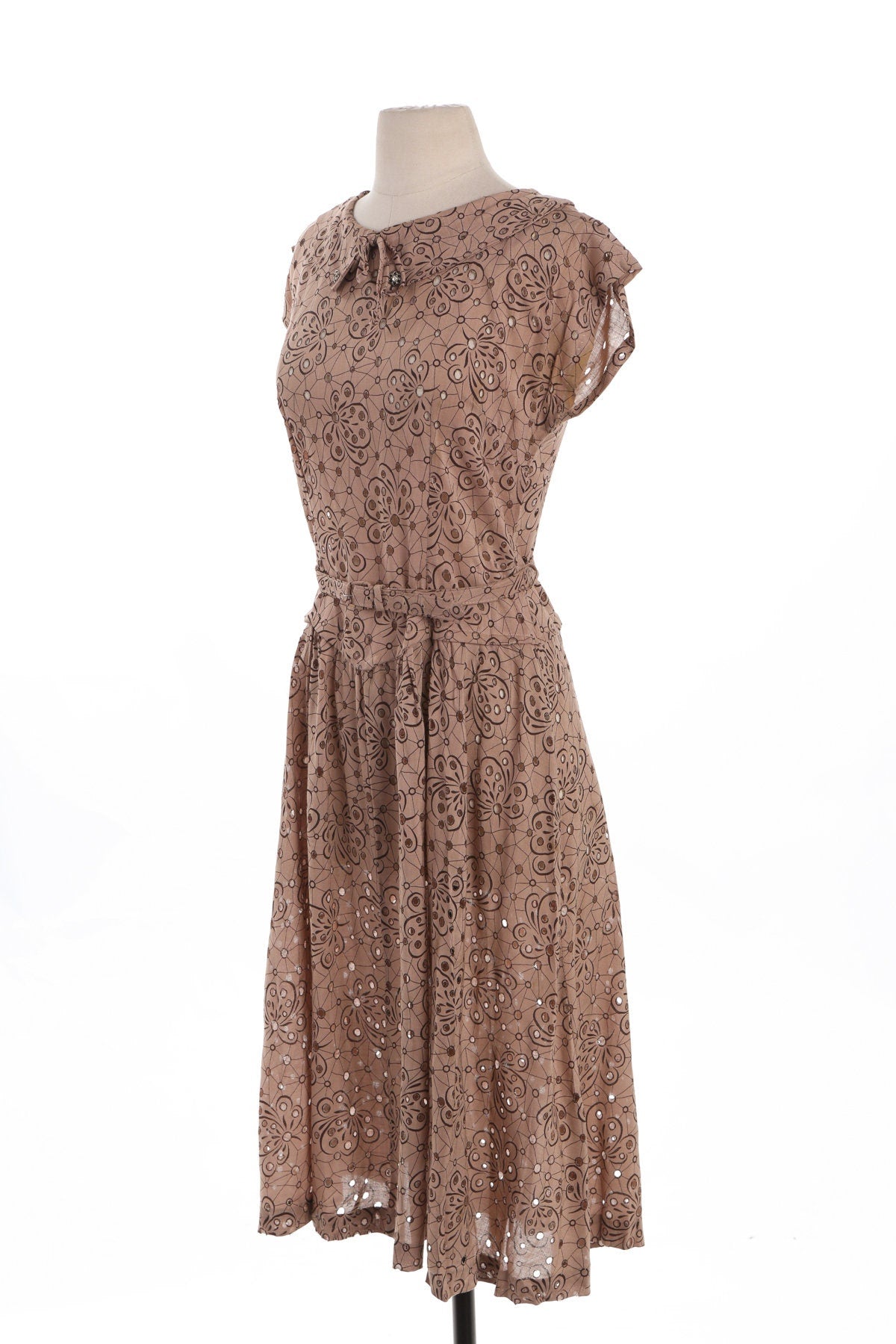 50's Women Brown Casual / Summer Dress with Holes Detail on Fabric