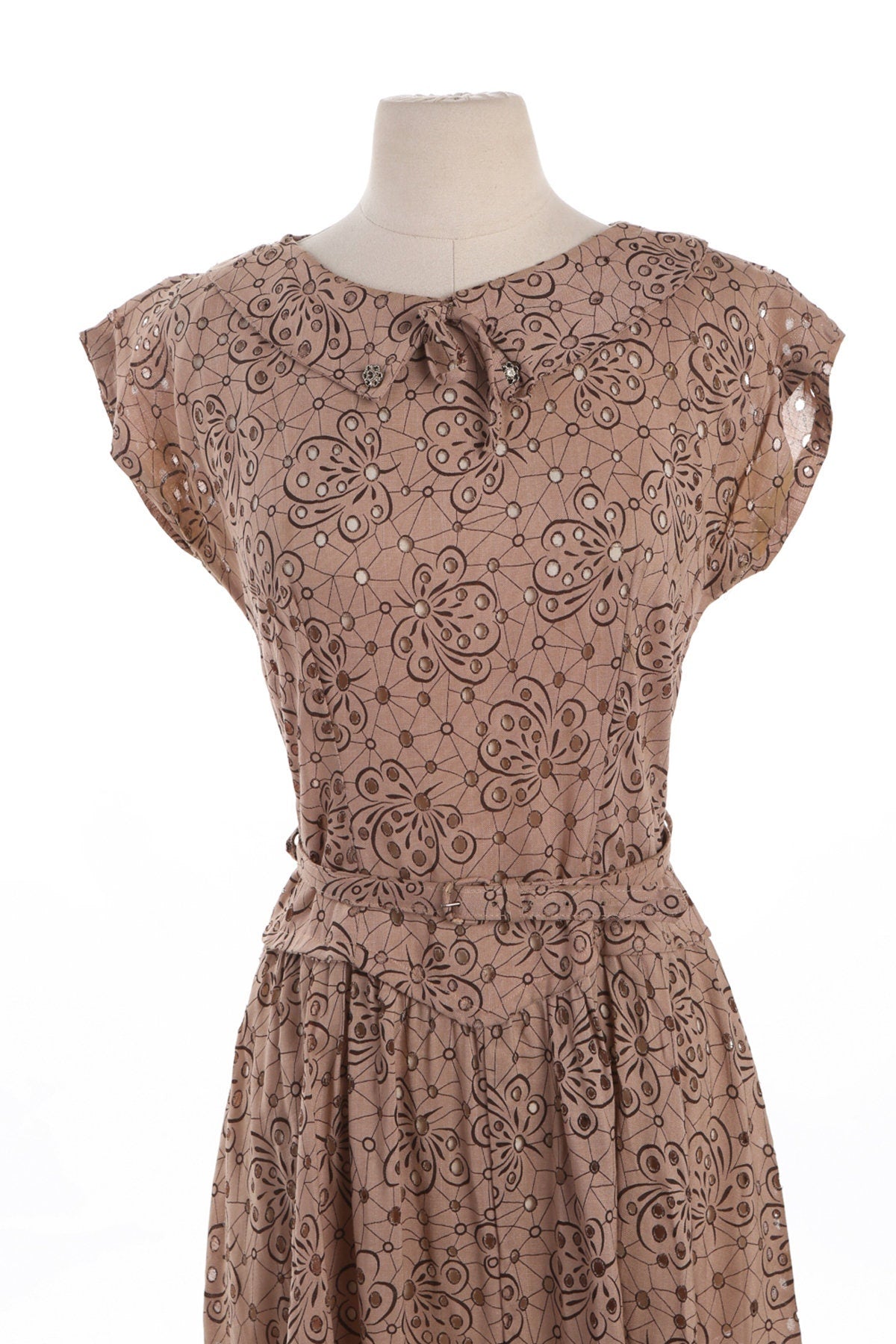 50's Women Brown Casual / Summer Dress with Holes Detail on Fabric